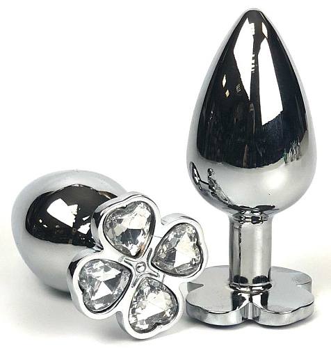 Серебристая анальная втулка с клевером из прозрачных кристаллов Vandersex 160-LC (9 см)
