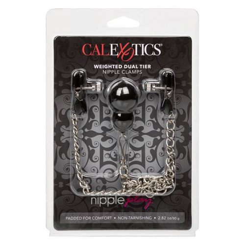 Зажимы для сосков с серебристой цепочкой и утяжелителем California Exotic Novelties Weighted Dual Tier Nipple Clamps SE-2593-01-2
