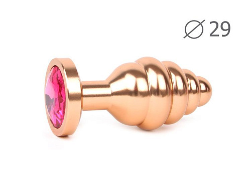 Коническая ребристая золотистая анальная втулка с малиновым кристаллом Anal Jewelry Plug AG-14-S (7,1 см)