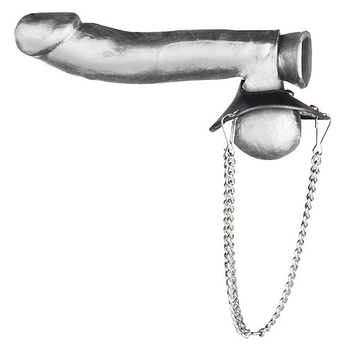 Чёрная утяжка для мошонки из искусственной кожи с цепочками BlueLine PARACHUTE BALL STRETCHER BLM1726