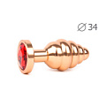 Коническая ребристая золотистая анальная втулка с красным кристаллом Anal Jewelry Plug AG-16-M (8 см)