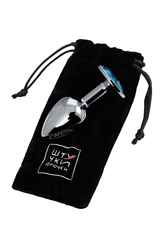 Серебристая анальная втулка с голубым стразом Штучки-дрючки 690119 (7 см)