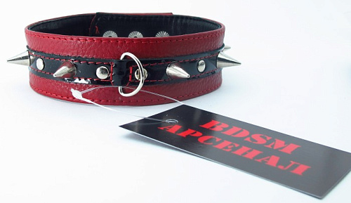 Узкий красно-черный ошейник с шипами БДСМ арсенал 55010