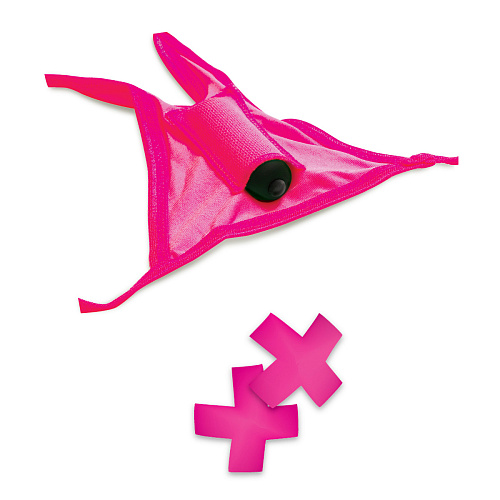 Ярко-розовые вибротрусики с вырезом и пэстисы Pipedream Neon Vibrating Crotchless Panty and Pasties Set PD1431-11