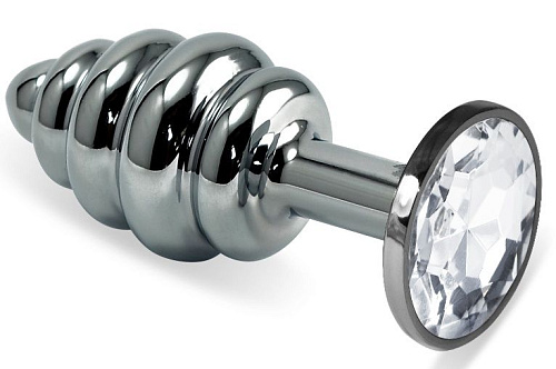 Серебристая ребристая анальная пробка с прозрачным стразом Vandersex 180-C (8 см)