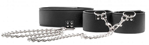 Чёрный двусторонний ошейник с наручниками Shots Media BV Reversible Collar and Wrist Cuffs OU187BLK