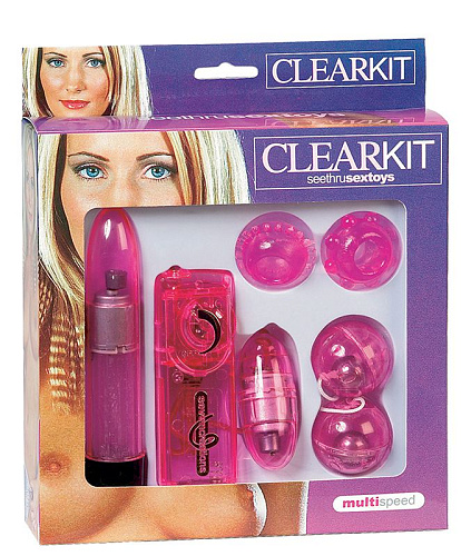 Розовый набор: вибратор, вагинальные шарики, 2 эрекционных кольца и виброяйцо Seven Creations CLEAR VIBRATORKIT 2K-212CPK-BXSC