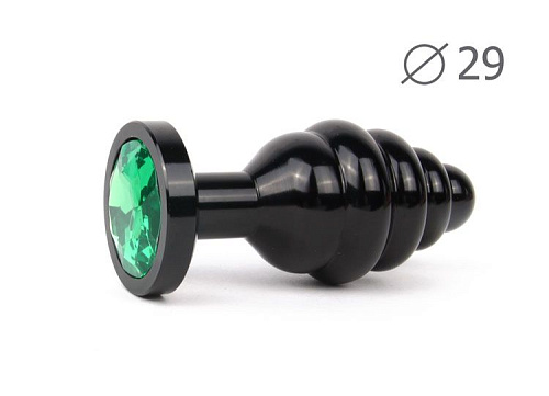 Коническая ребристая чёрная анальная втулка с зелёным кристаллом Anal Jewelry Plug ABCK-07-S (7,1 см)
