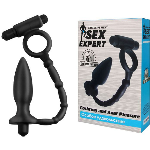 Чёрное эрекционное кольцо с вибрацией и анальный стимулятором Bior toys Cockring and Anal Pleasure SEM-55071