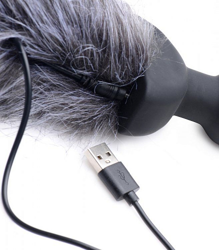 Чёрная анальная вибропробка с серым лисьим хвостом XR Brands Grey Fox Tail Vibrating Anal Plug AG187