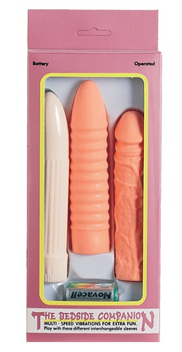 Пластиковый вибратор с двумя насадками телесного цвета Seven Creations THE BEDSIDE COMPANION VIBRATOR KIT888K-BX