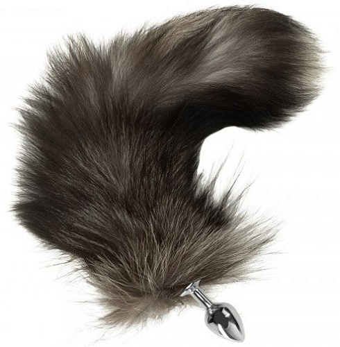 Серебристая металлическая анальная пробка с чёрным хвостиком Сумерки богов 503-02 BX DD