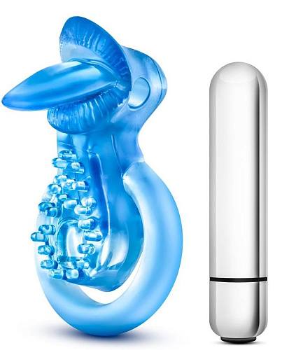 Голубое эрекционное виброкольцо Blush Novelties 10 Function Vibrating Tongue Ring BL-66092