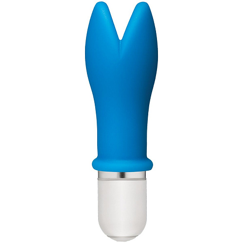 Голубой мини-вибатор с раздвоенным кончиком Doc Johnson Whaam! 10 Function Silicone Vibrator 0500-38-BX (8,89 см)
