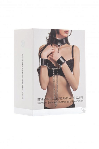 Чёрно-белый двусторонний ошейник с наручниками Shots Media BV Reversible Collar and Wrist Cuffs OU187WHT