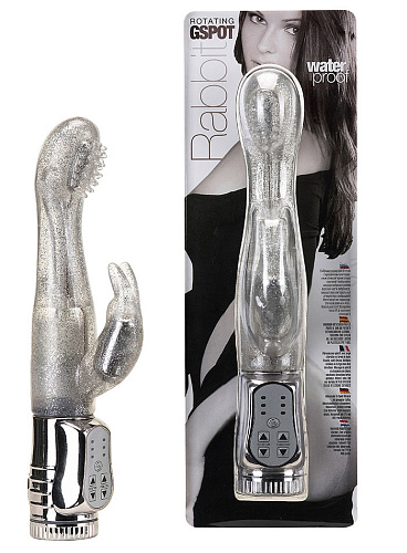 Серебристый вибратор с блёстками и клиторальным стимулятором Seven Creations WATERPROOF ROTATING G-SPOT RABBIT (17,5 см)