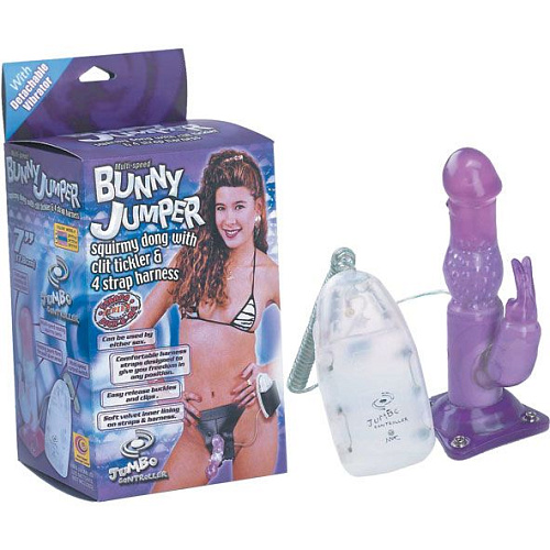 Фиолетовый страпон на трусиках с вибрацией и клиторальным зайчиком NMC 110743 (17,8 см)