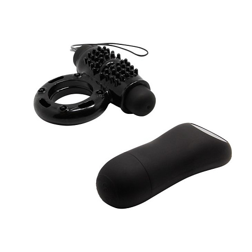 Чёрное эрекционное кольцо с виброэлементом и пультом ДУ Baile BI-014331-0801