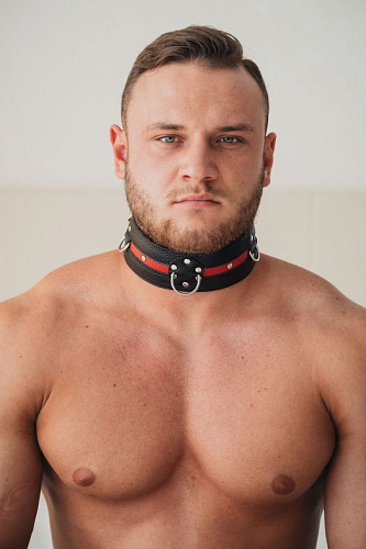 Чёрно-красный кожаный ошейник увеличенного размера с кольцом БДСМ арсенал 55023XL