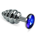 Ребристая анальная пробка с синим кристаллом Lovetoy Silver Small  RO-SSR07 (7,6 см)