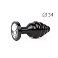 Коническая ребристая чёрная анальная втулка с прозрачным кристаллом Anal Jewelry Plug ABCK-01-M (8 см)