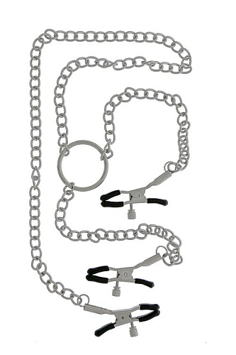 Серебристые клипсы на соски, соединённые цепью с зажимом для клитора Dream Toys 21343