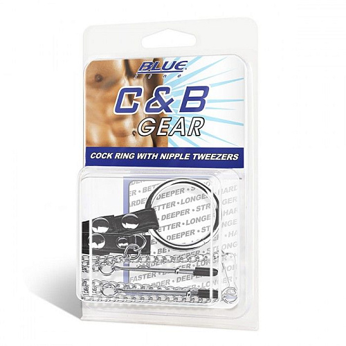 Чёрно-серебристое кольцо на пенис с зажимами на соски BlueLine 100% PVC STRAP WITH METAL SNAP BLM3059