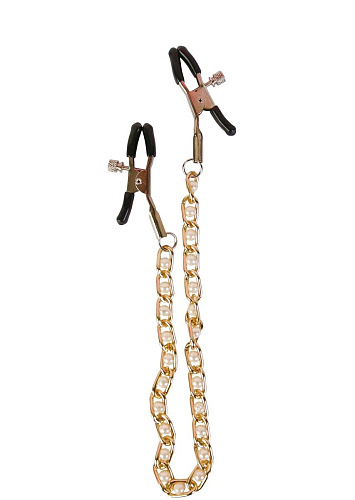 Зажимы на соски с золотистой цепью и белыми бусинками Пикантные штучки DP630A