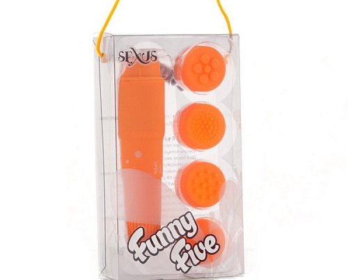 Компактный оранжевый вибромассажёр с 4 насадками Sexus Funny Five 931001-11