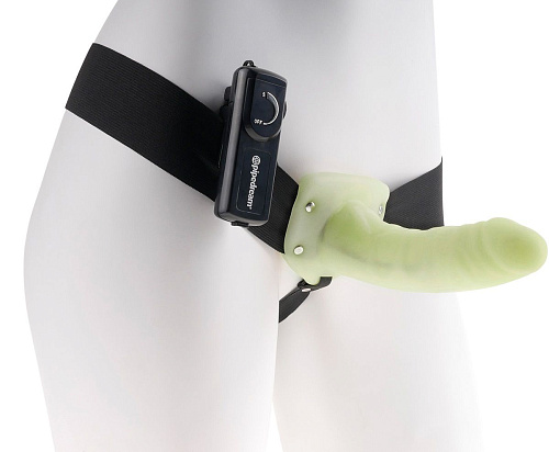 Зеленый флуоресцентный полый страпон унисекс с вибрацией Pipedream For Him or Her Vibrating Hollow Strap-On PD3367-32