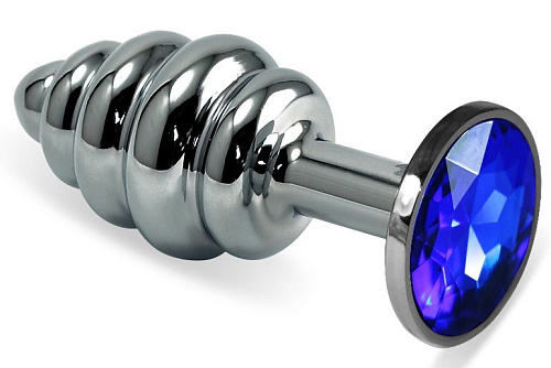 Серебристая ребристая анальная пробка с синим стразом Vandersex 180-S (8 см)