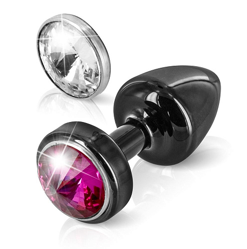Чёрный анальный плаг с 2 сменными кристаллами DIOGOL Anni Magnet T1 Black cristal/fushia 9020060058 (6 см)