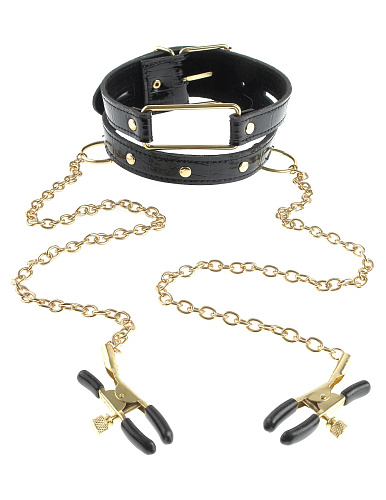 Чёрный с золотом ошейник с зажимами на соски Pipedream Gold Collar and Nipple Clamps PD3979-23