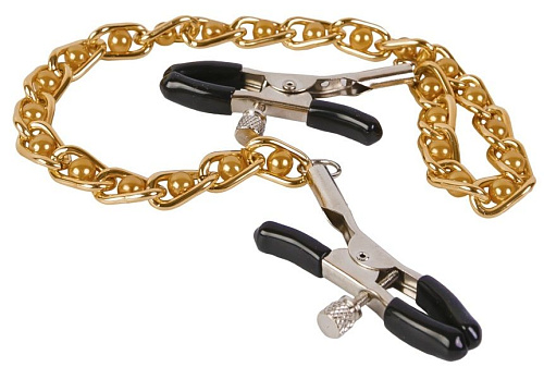 Зажимы на соски с золотистой цепью и бежевыми бусинками Пикантные штучки DP630B