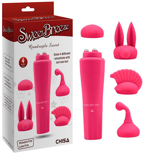 Розовый вибромассажёр с 4 насадками Chisa Quadruple Sweet CN-100652166