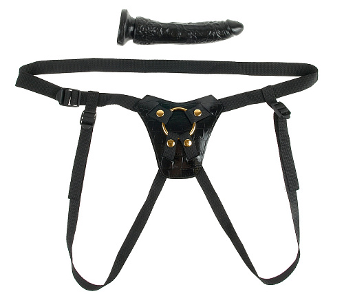 Чёрный с золотом женский страпон на мини-трусиках Pipedream Designer Strap-On PD3984-23