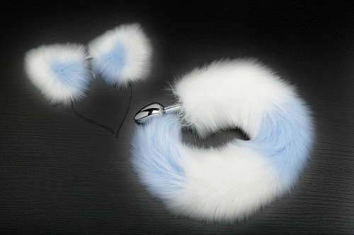 Серебристая анальная пробка с бело-голубым хвостиком и ободком-ушками Пикантные штучки DPBP046SBW