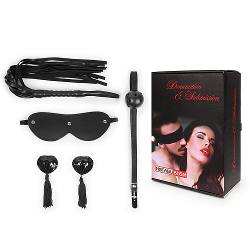 Эротический набор в чёрном цвете (маска, кляп, пэстисы, плётка) Bior toys NTB-80610