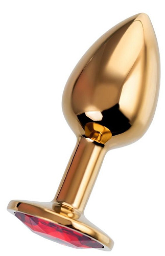 Золотистая гладкая коническая анальная пробка с красным кристаллом Штучки-дрючки 690123 (7 см)