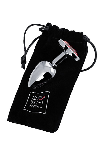 Серебристая гладкая коническая анальная пробка с красным кристаллом Штучки-дрючки 690126 (7 см)