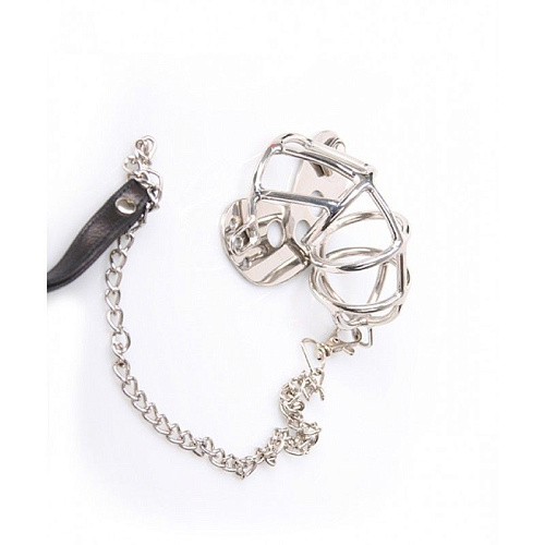 Стальной пояс верности из металлической клетки для пениса на цепном поводке с кожаной ручкой O-Products 112-TMS-1300