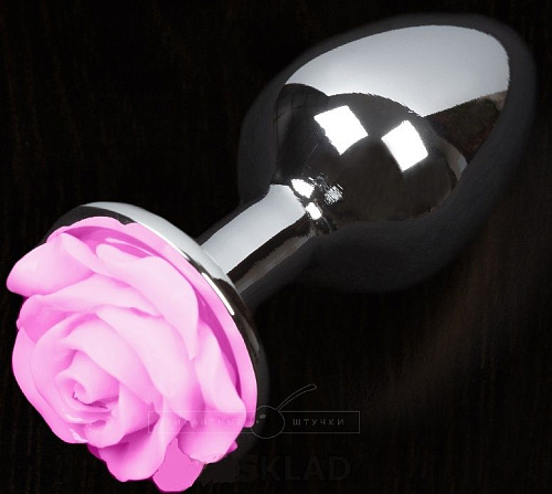 Серая анальная пробка с розовой розочкой Пикантные штучки DPLS005ROSEP (8,5 см)