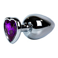 Серебристая анальная пробка с фиолетовым кристаллом-сердцем Vandersex 170-LHS1 (9,5 см)