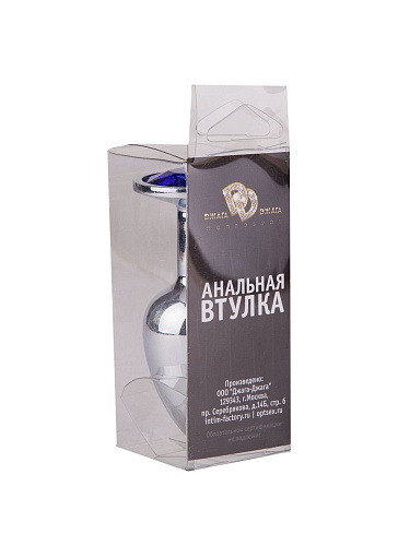 Серебристая анальная втулка с синим кристаллом-сердцем Сумерки богов 514-07 blue-DD (7 см)