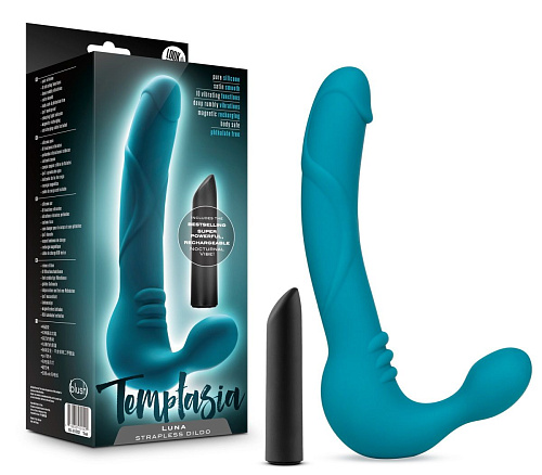 Бирюзовый безремневой страпон Blush Novelties Luna Strapless Silicone Dildo BL-81302 (22,86 см)
