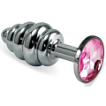 Серебристая ребристая анальная пробка с нежно-розовым стразом Vandersex 180-P1 (8 см)