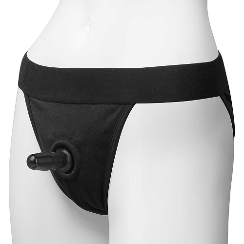 Чёрные трусики с плугом Vac-U-Lock Doc Johnson Panty Harness with Plug Full Back 1091-02-BX (размер L/XL)