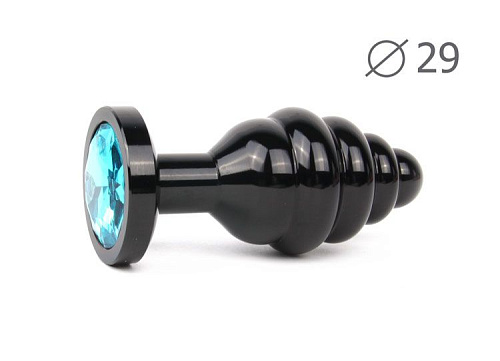 Коническая ребристая чёрная анальная втулка с голубым кристаллом Anal Jewelry Plug ABCK-05-S (7,1 см)