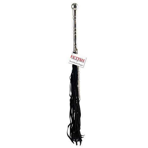 Чёрная плётка с серебристой ручкой Pipedream Beaded Metal Flogger PD3894-00 (58 см)