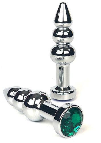 Серебристая коническая анальная пробка-ёлочка с зелёным кристаллом Vandersex 159-G (11 см)